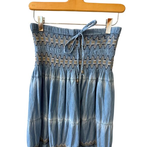 Indigo & Lace Tiered Chambray Peasant Midi Skirt M - Picture 2 of 6